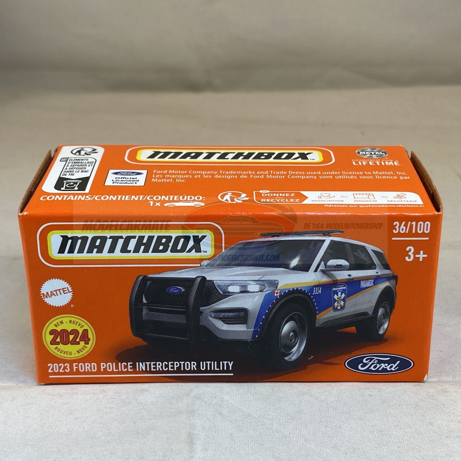Matchbox speelgoedautodoos: 2023 Ford Police Interceptor Utility, oranje doos.