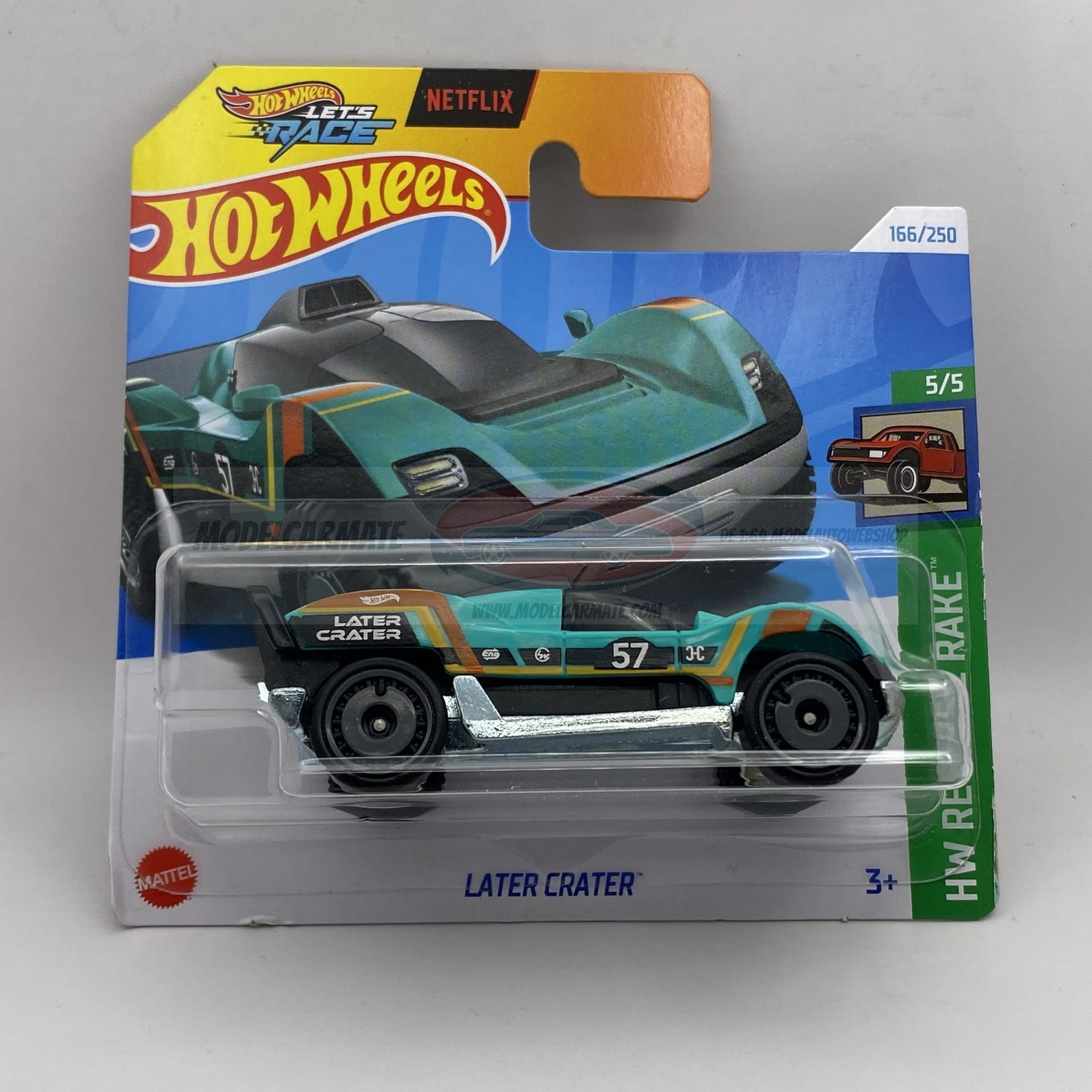 Hot Wheels Later Crater gegoten metalen auto in verpakking. Kleurstelling: turquoise en bruin.