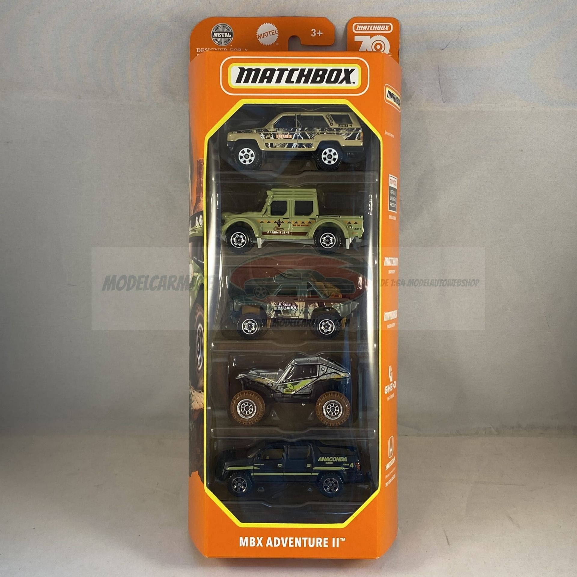 Een Matchbox-set van 5 terreinwagens in een verzegelde verpakking.