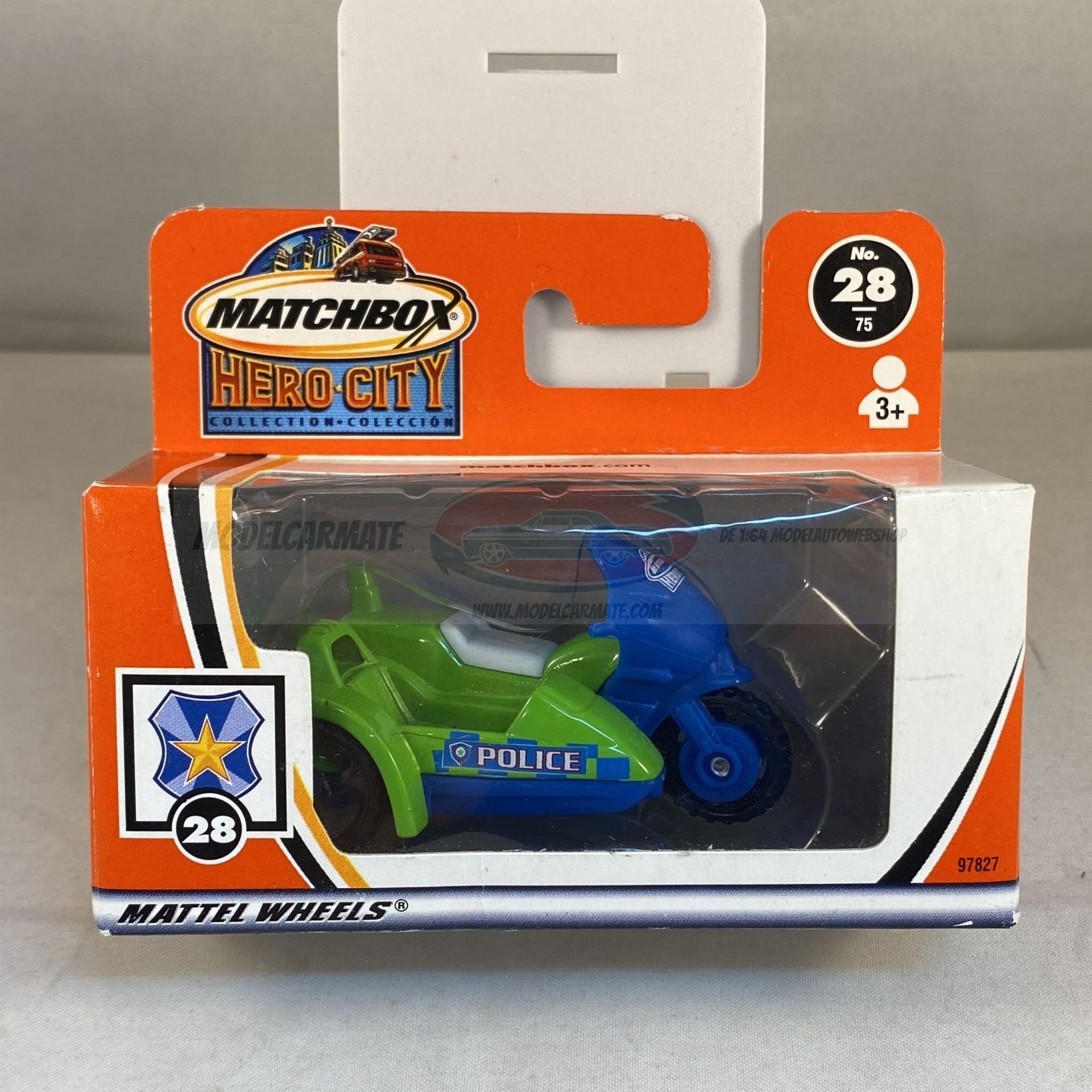 Het Matchbox Hero City politietrike speelgoedvoertuig in de originele verpakking.