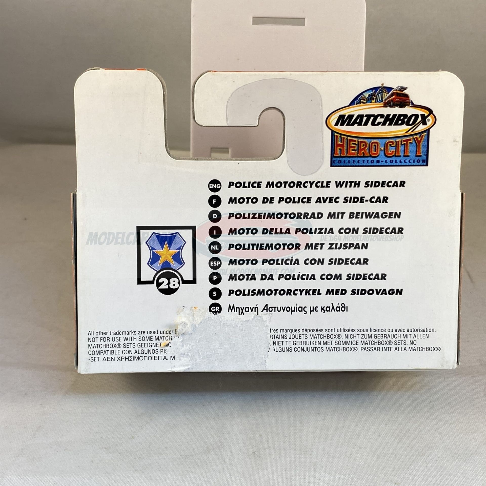 Het Matchbox Hero City politietrike speelgoedvoertuig in de originele verpakking.