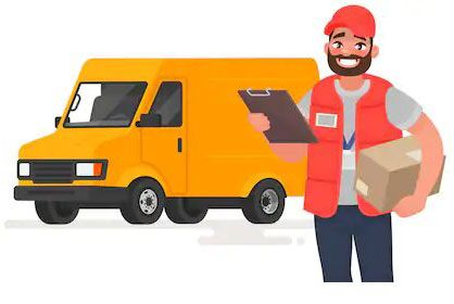 Bezorger met pakket, klembord en gele bestelbus.