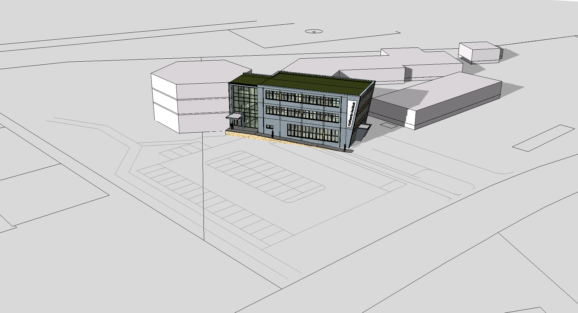 3D-Architekturvisualisierung eines modernen Gebäudes mit Glasfassade auf einem Lageplan mit umgebenden Gebäuden