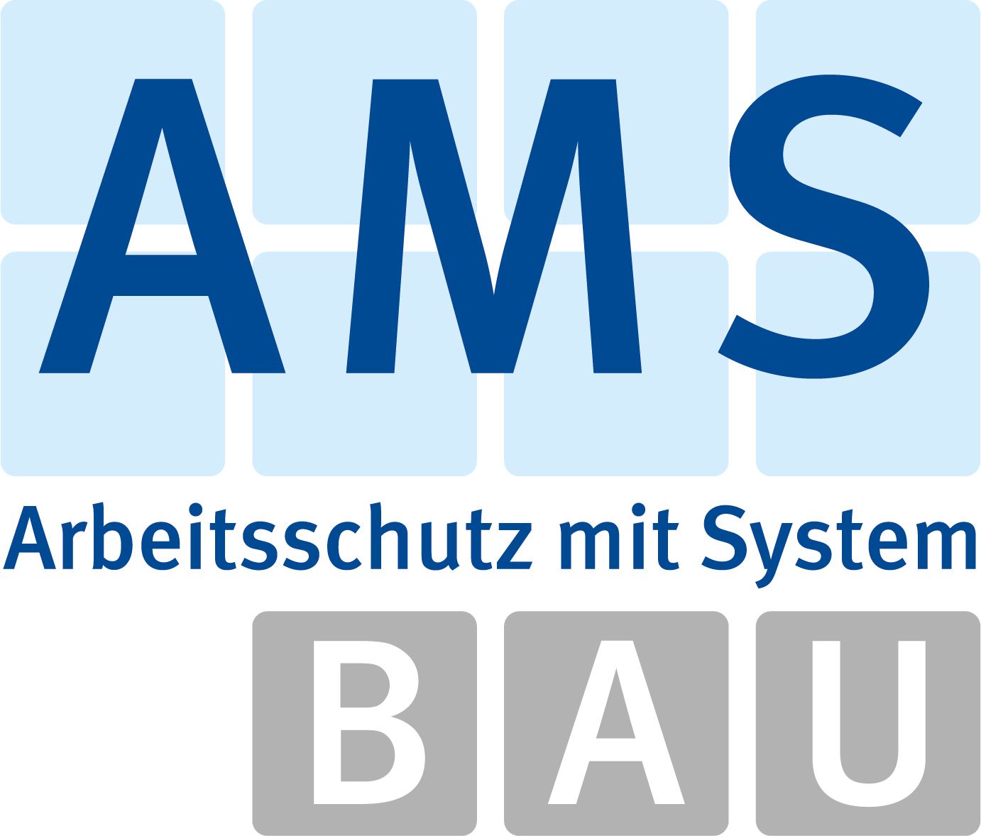 AMS BAU logo in blue, with “Arbeitsschutz mit System” and gray “BAU” blocks