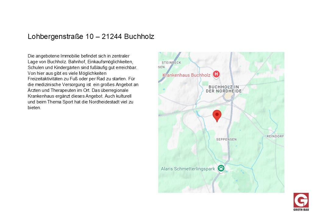 Karte eines Ortes mit roter Markierung und Straßenbezeichnungen, daneben ein kleiner Textblock und ein Logo.