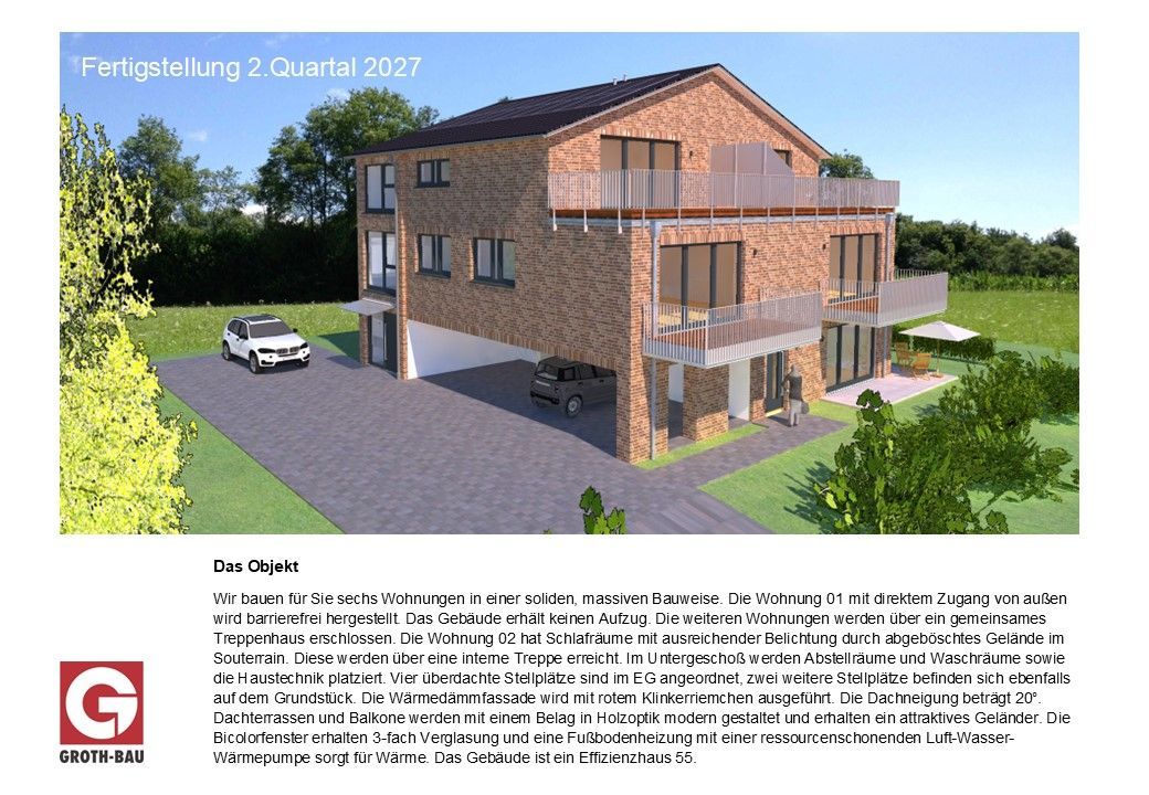 3D-Visualisierung eines zweistöckigen Backsteinhauses mit Balkon, Einfahrt und geparktem Auto in einem sonnigen Garten