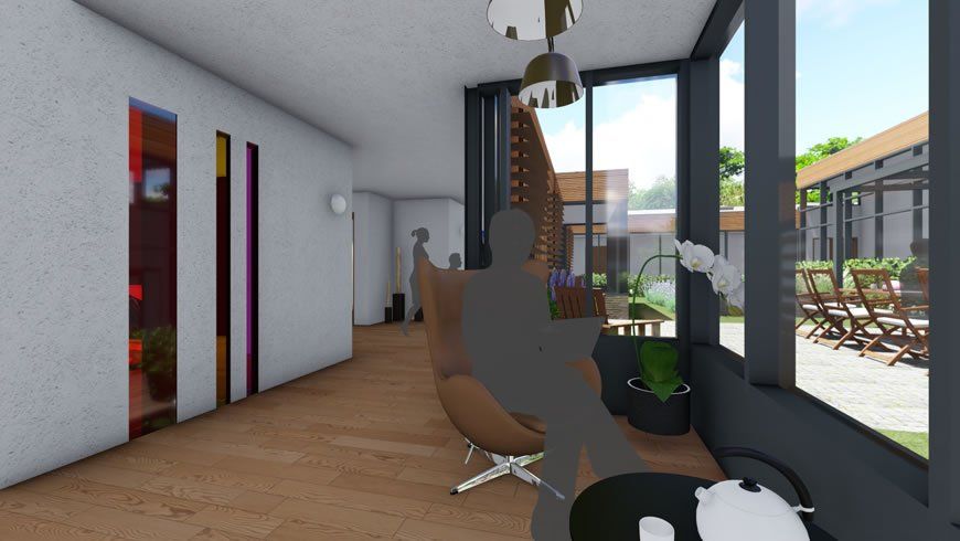 Modernes Wohnzimmer mit Holzboden, großen Fenstern, braunem Sessel und Topfpflanzen mit Blick auf eine Terrasse.