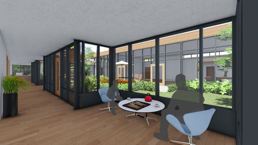 Moderne Bürolounge mit Glaswänden, Holzboden und Stühlen um einen kleinen Tisch