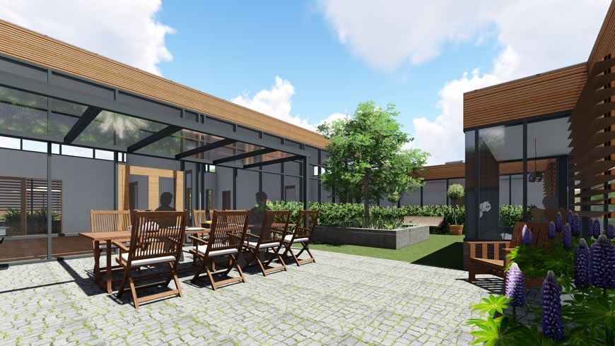 Moderne Terrasse mit Esszimmerstühlen, Pergola, Topfblumen und angelegtem Garten neben einem Gebäude