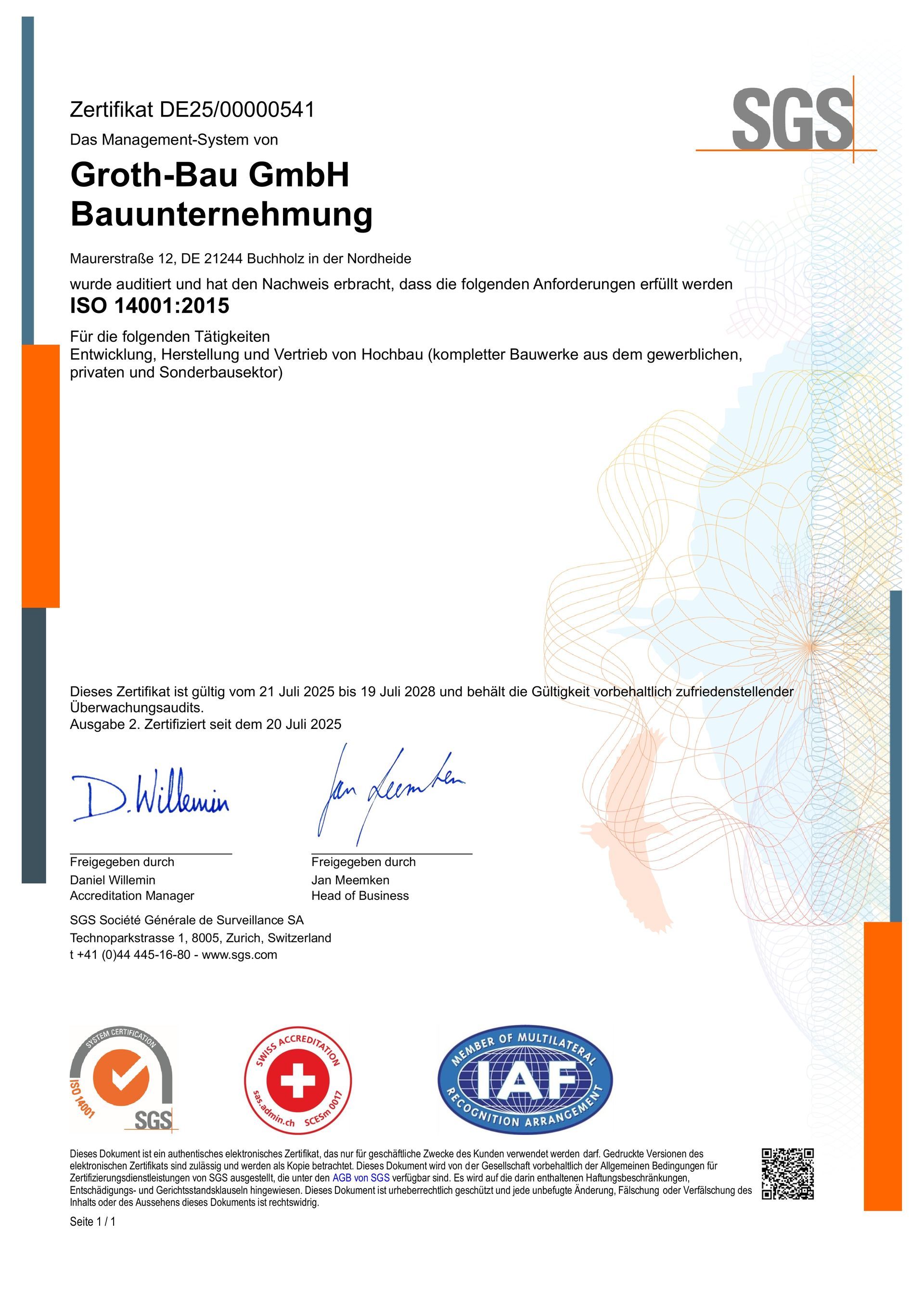SGS-Zertifikatsdokument mit Unterschriften, blauen und orangen Akzenten sowie Zertifizierungslogos am unteren Rand