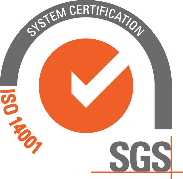 Logo der SGS ISO 14001-Systemzertifizierung mit orangefarbenem Häkchen und grauem Bogen
