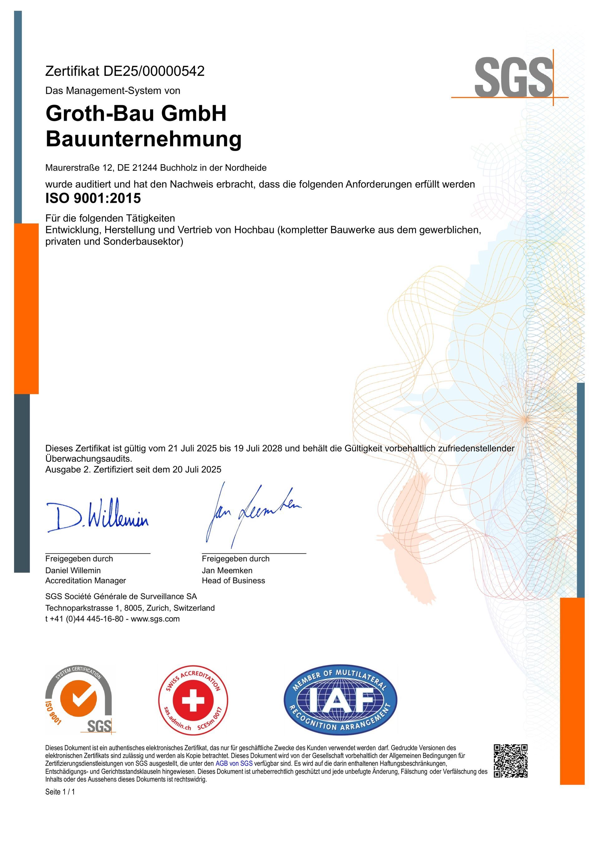 SGS-Zertifikatsdokument mit Logos, Unterschriften und Text für die Groth-Bau GmbH Baununternehmung