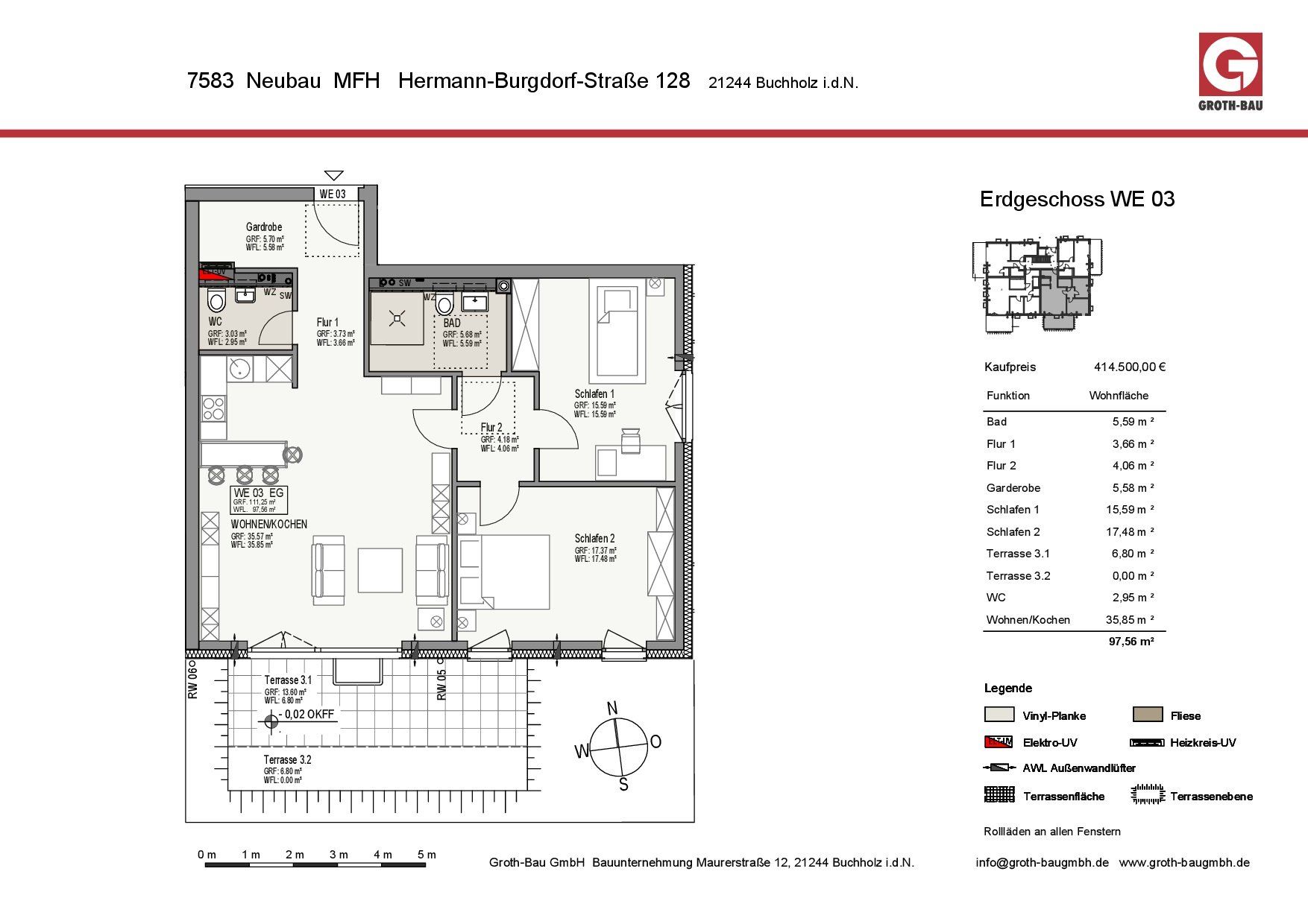 Grundriss der Wohnung mit Zimmern, Maßen und Balkonaufteilung