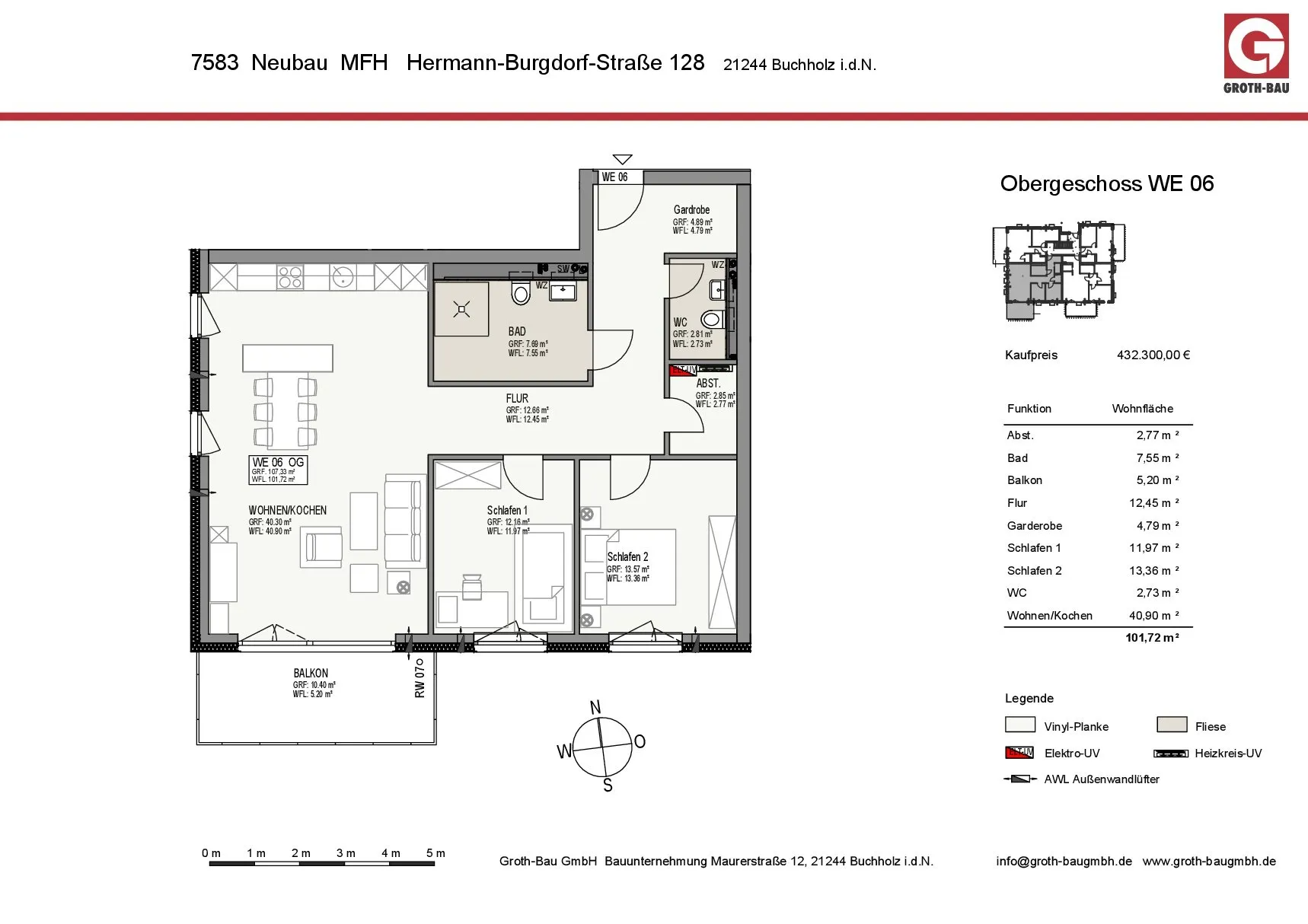 Schwarz-weißer Grundriss einer Wohnung mit beschrifteten Räumen, Möbelaufstellung und Maßen.