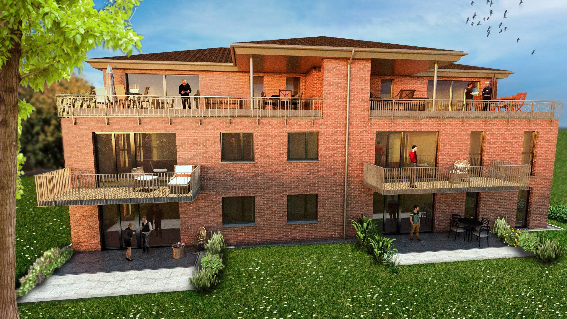 Backstein-Wohnhaus mit Balkonen, Terrassenstühlen und Menschen im grünen Innenhof