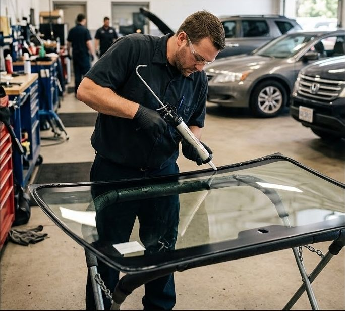 Applying adhesive for auto glass repair.