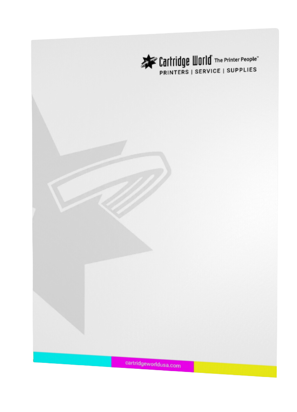 Letterhead with Cartridge World logo, star graphic, and colorful horizontal bar at the bottom.