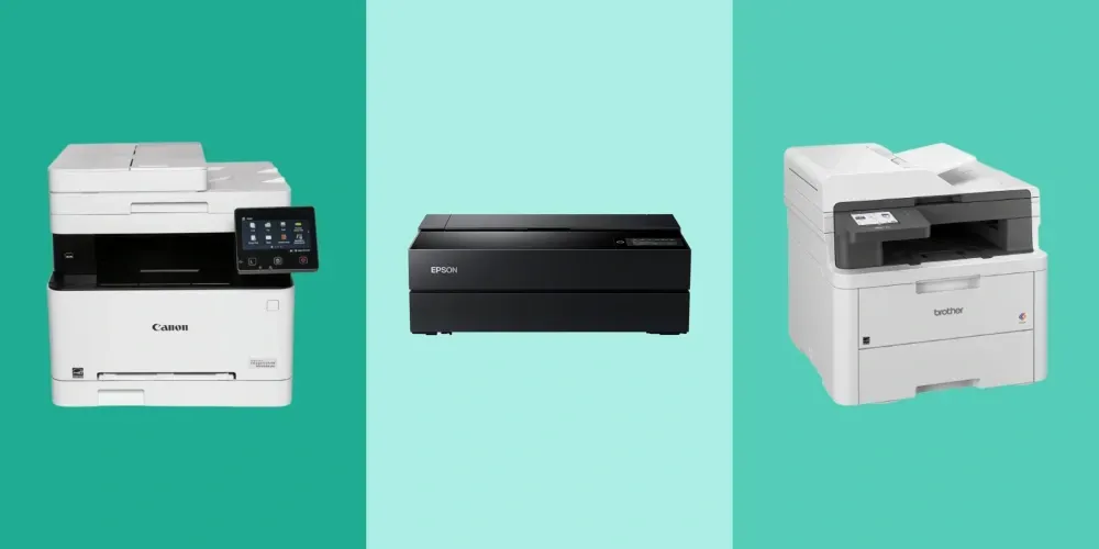 Three printers displayed against a green and light blue background.