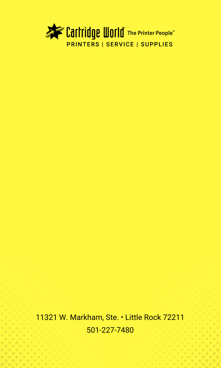 Yellow stationery with Cartridge World logo, address, and phone number.