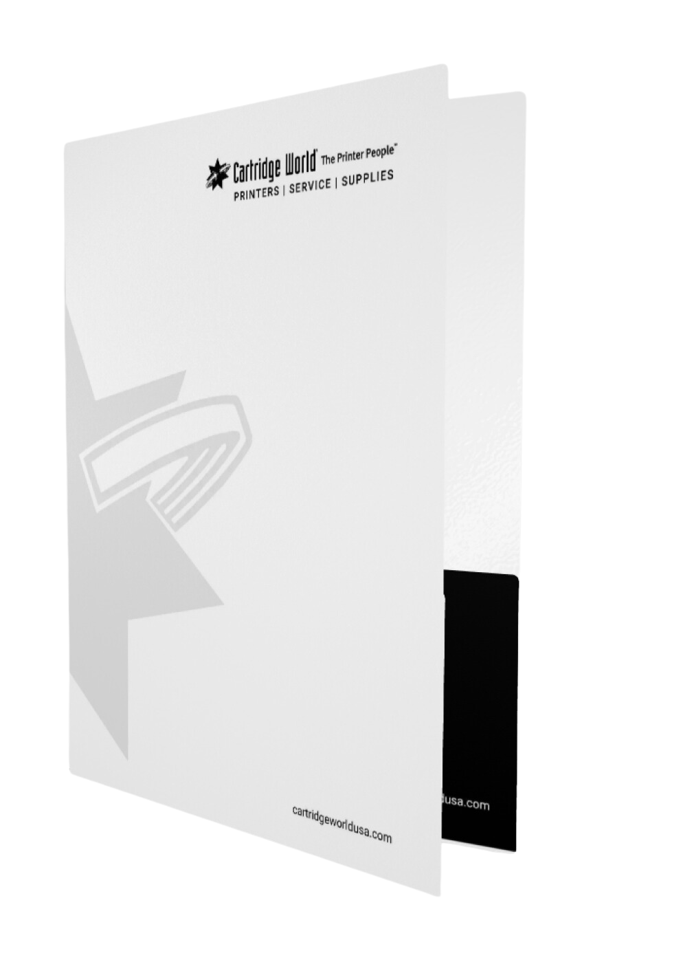 Open white presentation folder with black pocket; logo on the front.