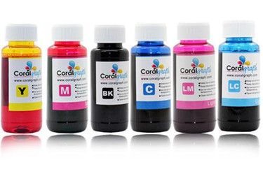Six bottles of printer ink in yellow, magenta, black, cyan, light magenta, and light cyan.