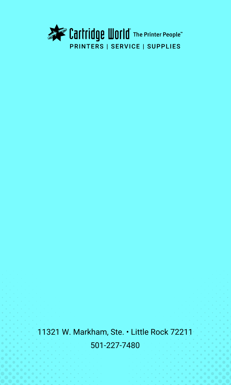 Letterhead for Cartridge World, teal background, logo at top, address and phone at the bottom.