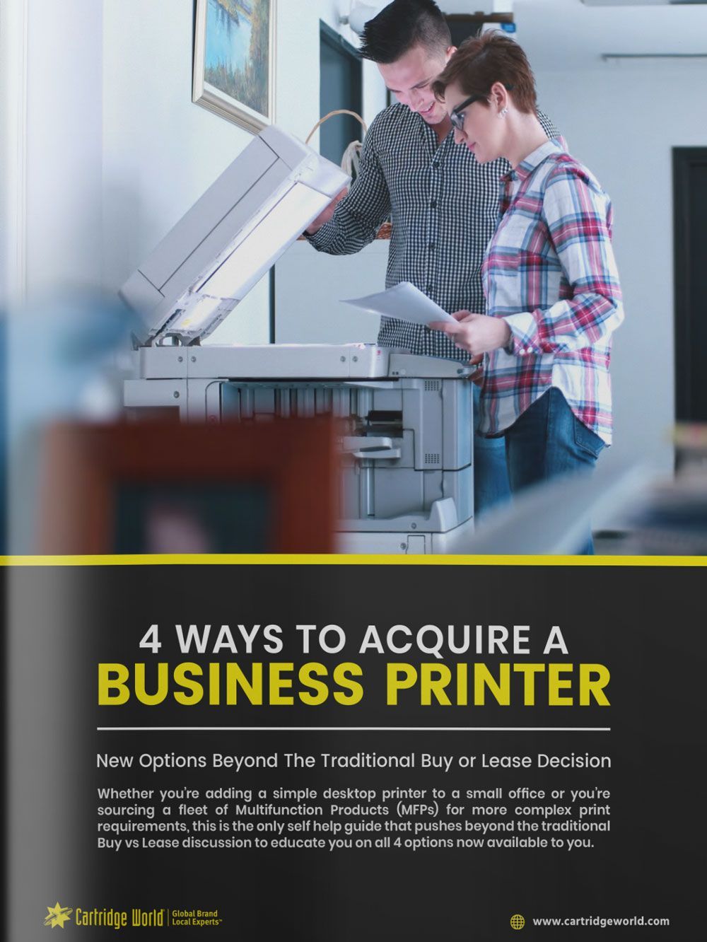 Two people at a printer. Article about 4 ways to acquire a business printer, new options beyond buying or leasing.