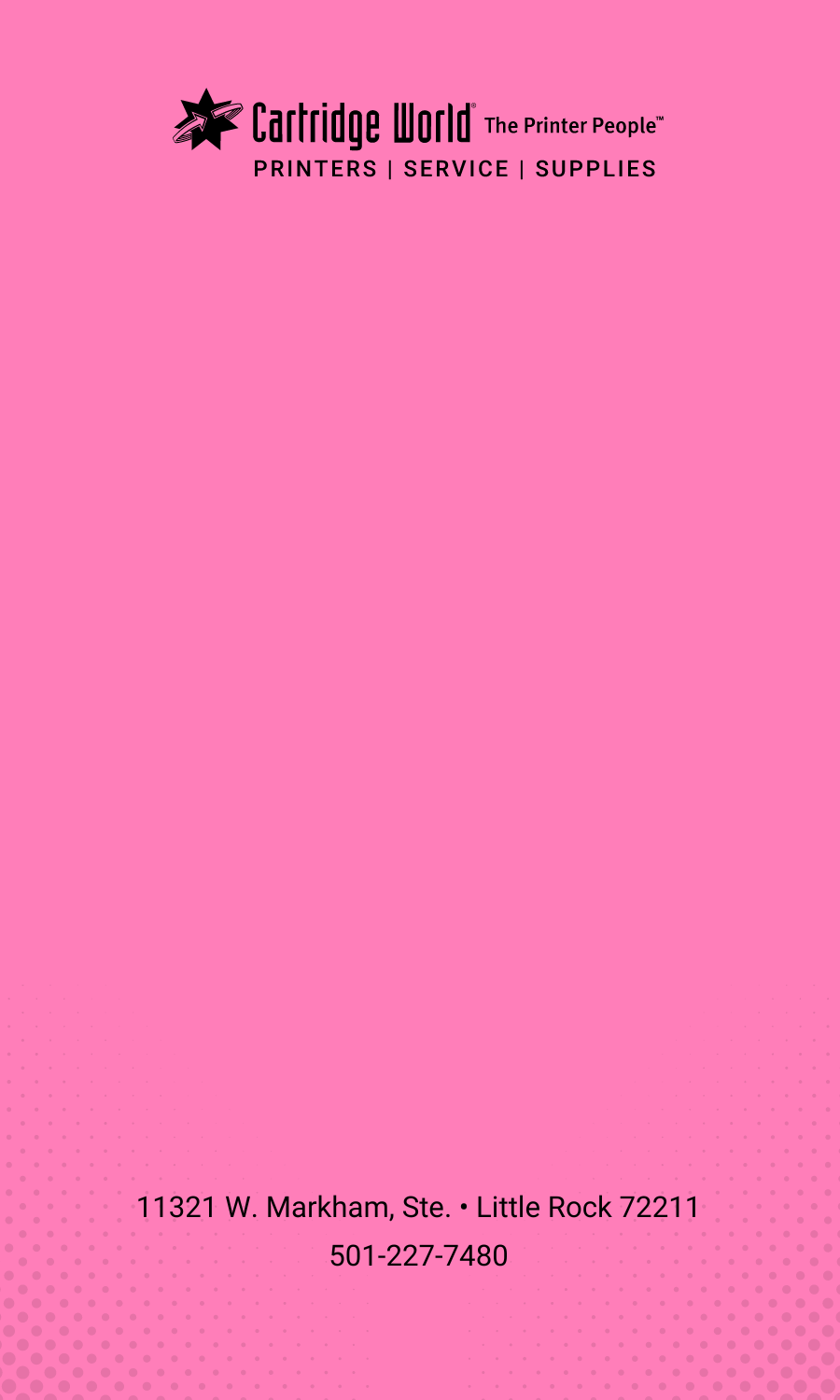 Pink paper with Cartridge World logo, contact information at the bottom.