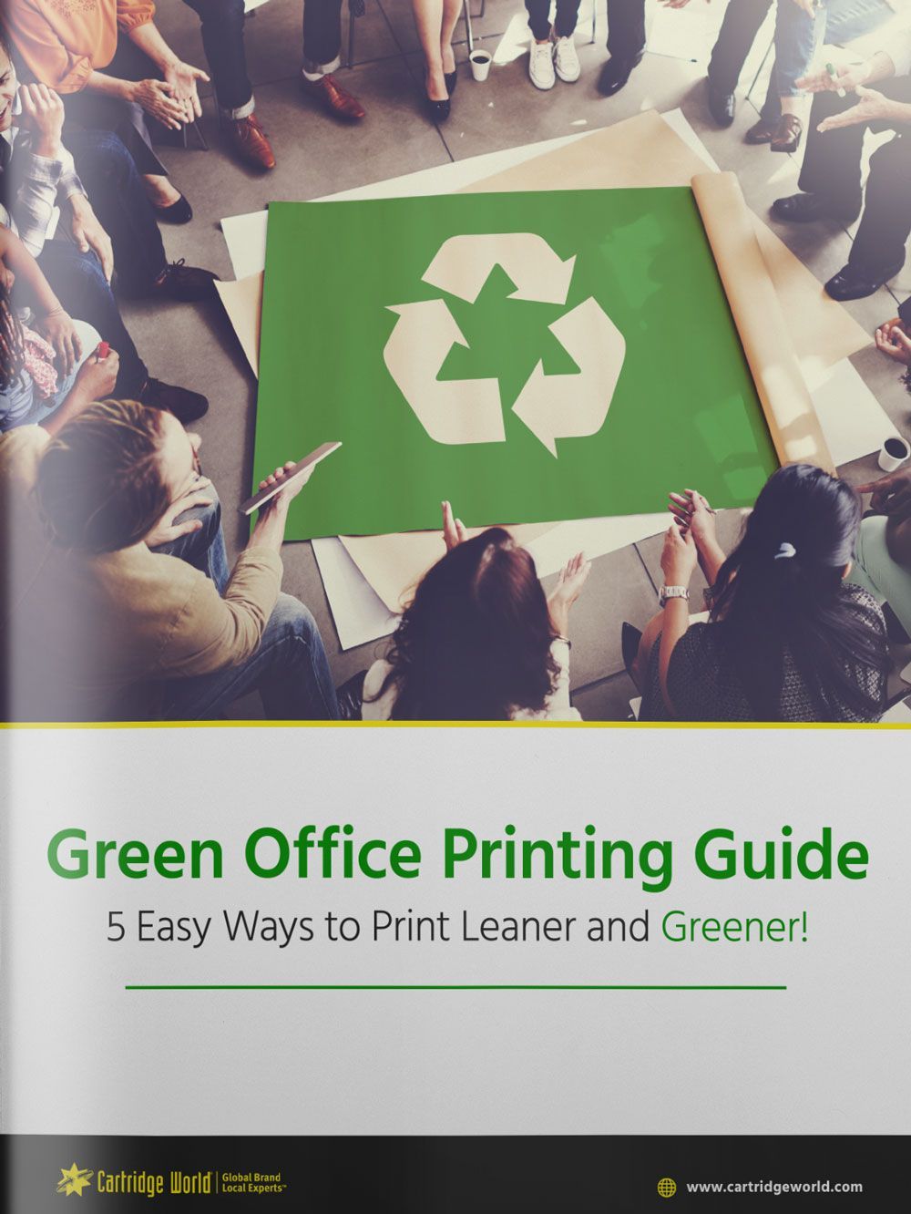 People around green paper with recycle symbol; 