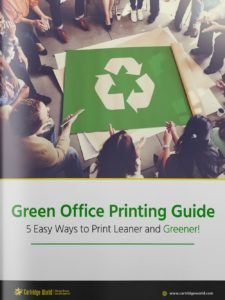 People gathered around a green sign with a recycling symbol. Title: Green Office Printing Guide.