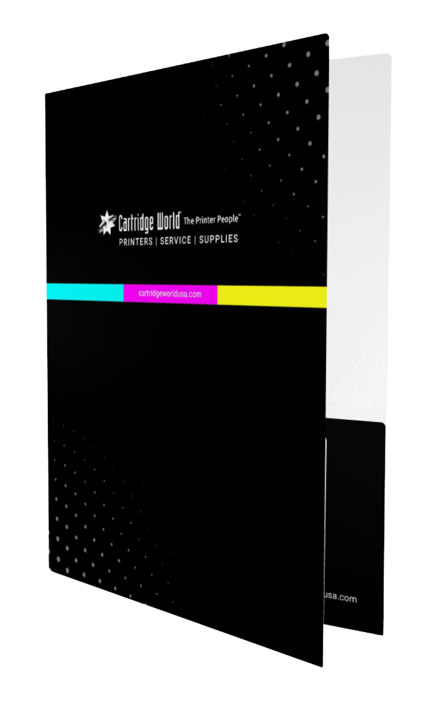 Black presentation folder with logo, cyan, magenta, yellow stripes, and white interior pockets.