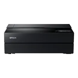 Black Epson printer, viewed from the front, in a neutral setting.