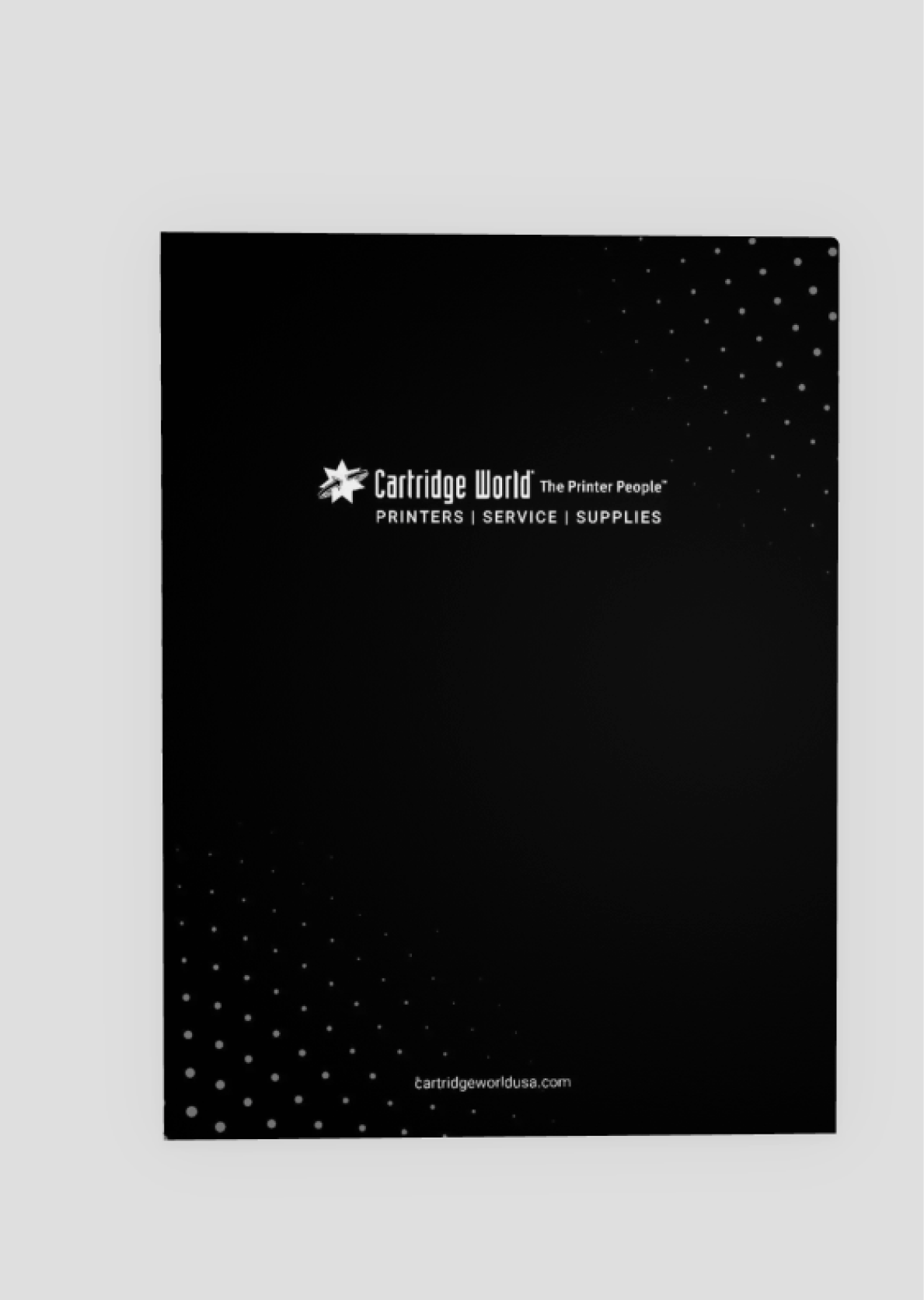 Black document cover with the "Cartridge World" logo and tagline, white dots in the bottom left corner.