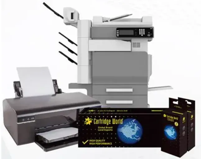 A printer and a copier with replacement toner cartridges in front.
