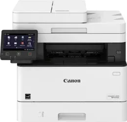 White Canon multifunction printer with touchscreen interface.