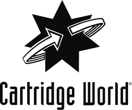 Cartridge World logo: black starburst with curved arrow; text