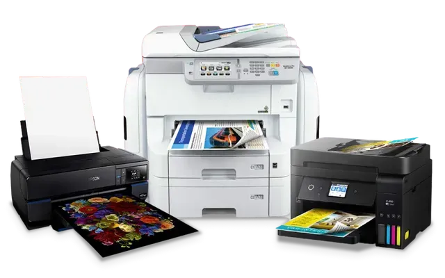 Three printers, black and white, printing color pages; white background.