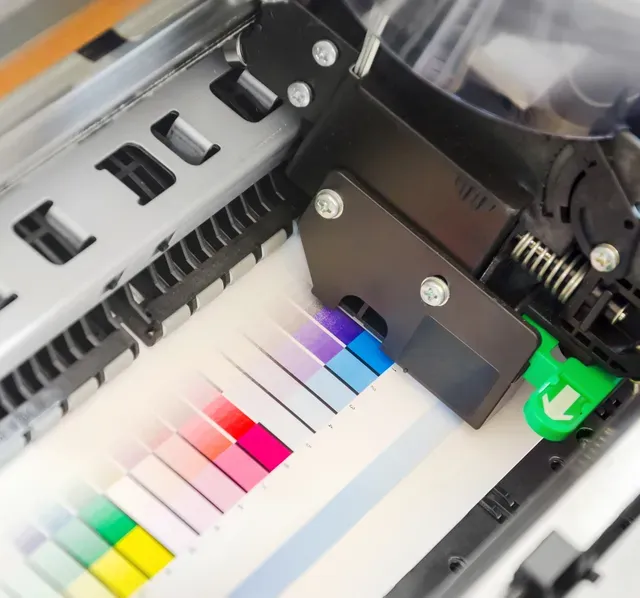 Printer head printing color swatches on paper.