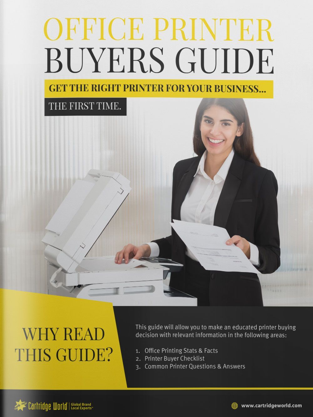Office printer buyers guide cover. A woman smiles by a printer. Text highlights why read guide.