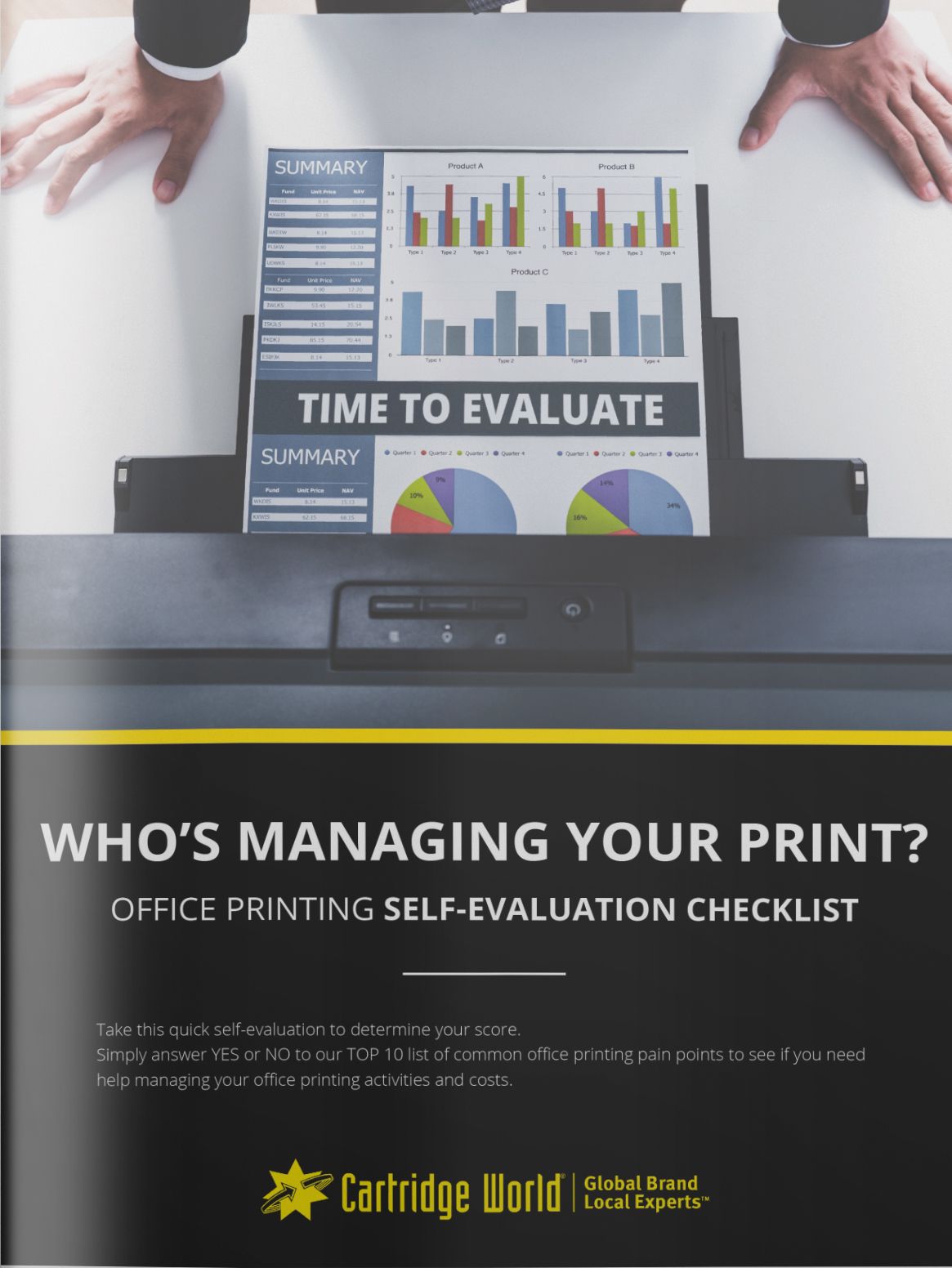 Person evaluating print report from a printer, checklist below, 