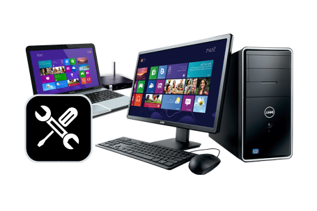 Computers and repair icon: Laptop, desktop, and tower with a repair tools icon.