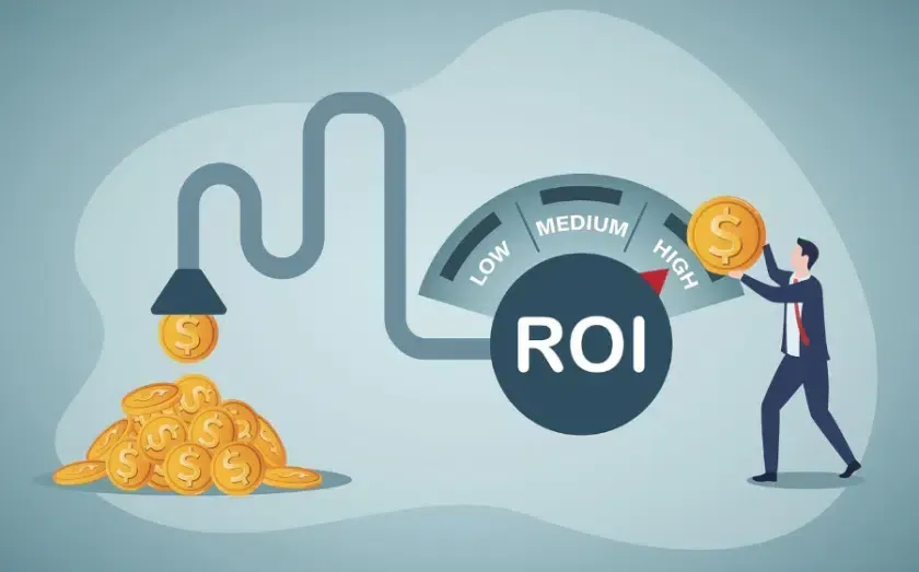 Man adding coin to ROI dial, increasing return. Coins on left, pipe from top.