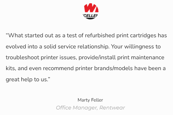Customer testimonial with quote about printer cartridge and service from CELLĒ.
