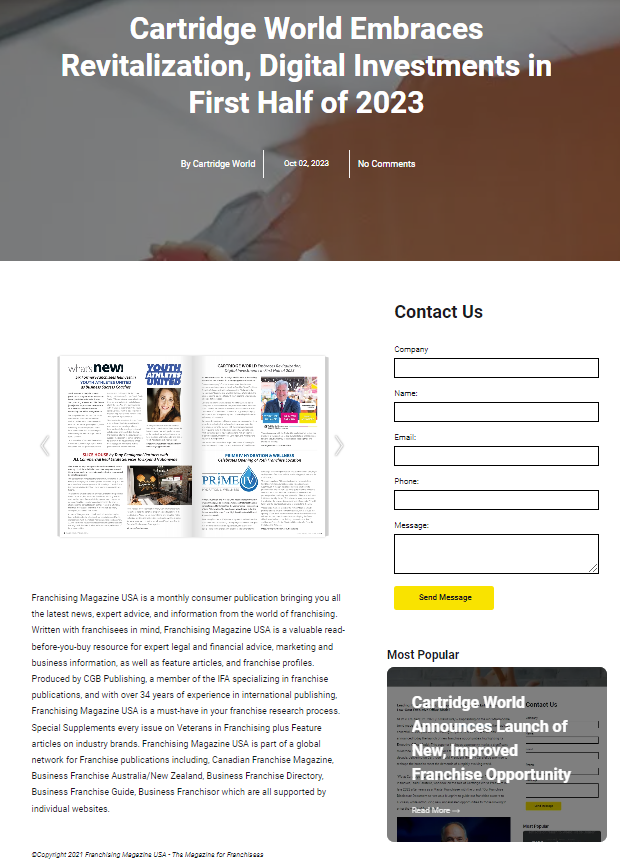 Cartridge World article: announces revitalization and digital investments in the first half of 2023. Includes a contact form.