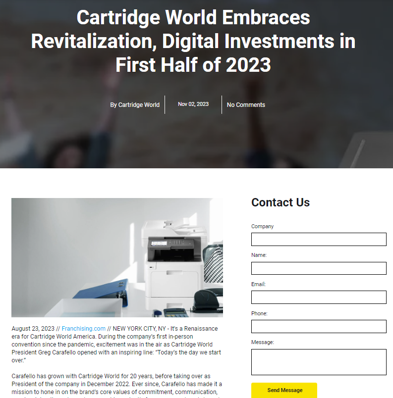 Article about Cartridge World's revitalization and digital investments, with a printer and contact form.