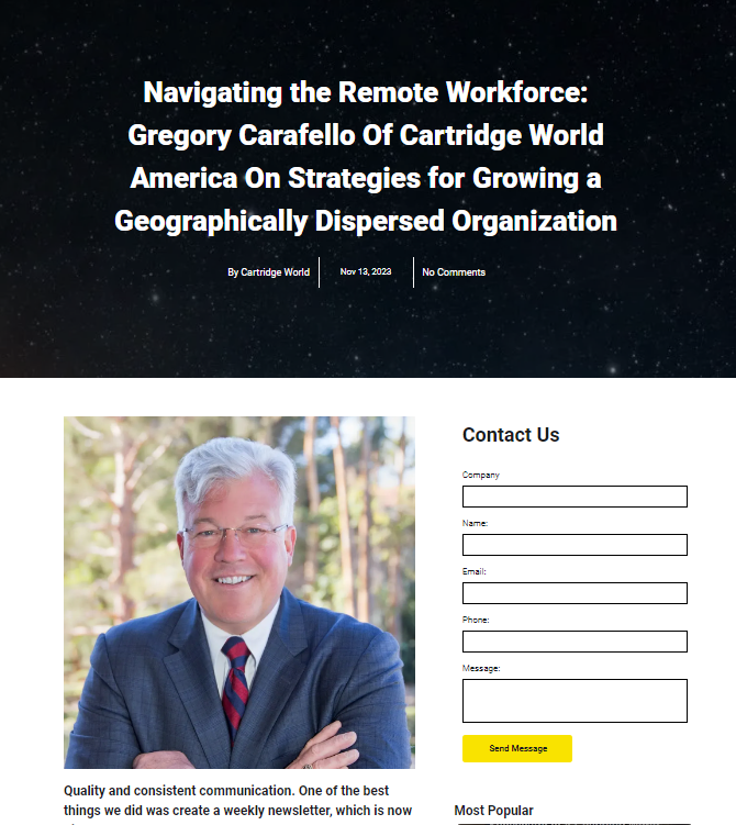 Article about Cartridge World America: Portrait of Gregory Carafello and a contact form.