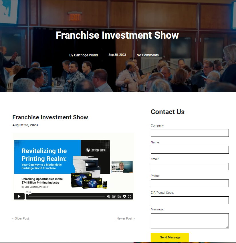 Franchise Investment Show webpage: includes a video and contact form.