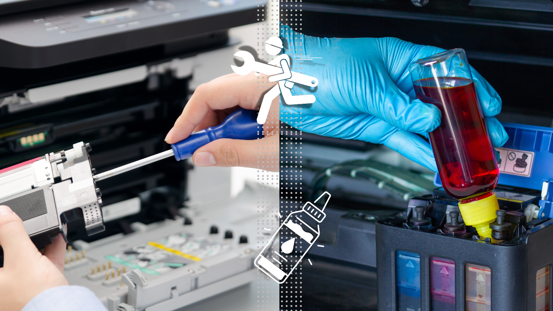 Printer maintenance: person uses a screwdriver and refills ink tanks with red ink, wearing blue gloves.