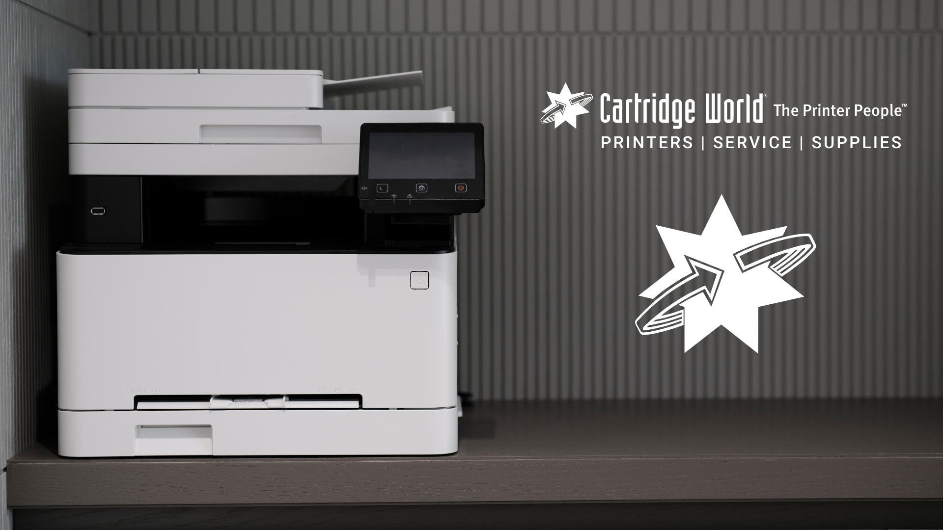 White printer, Cartridge World logo, text: Printers | Service | Supplies.