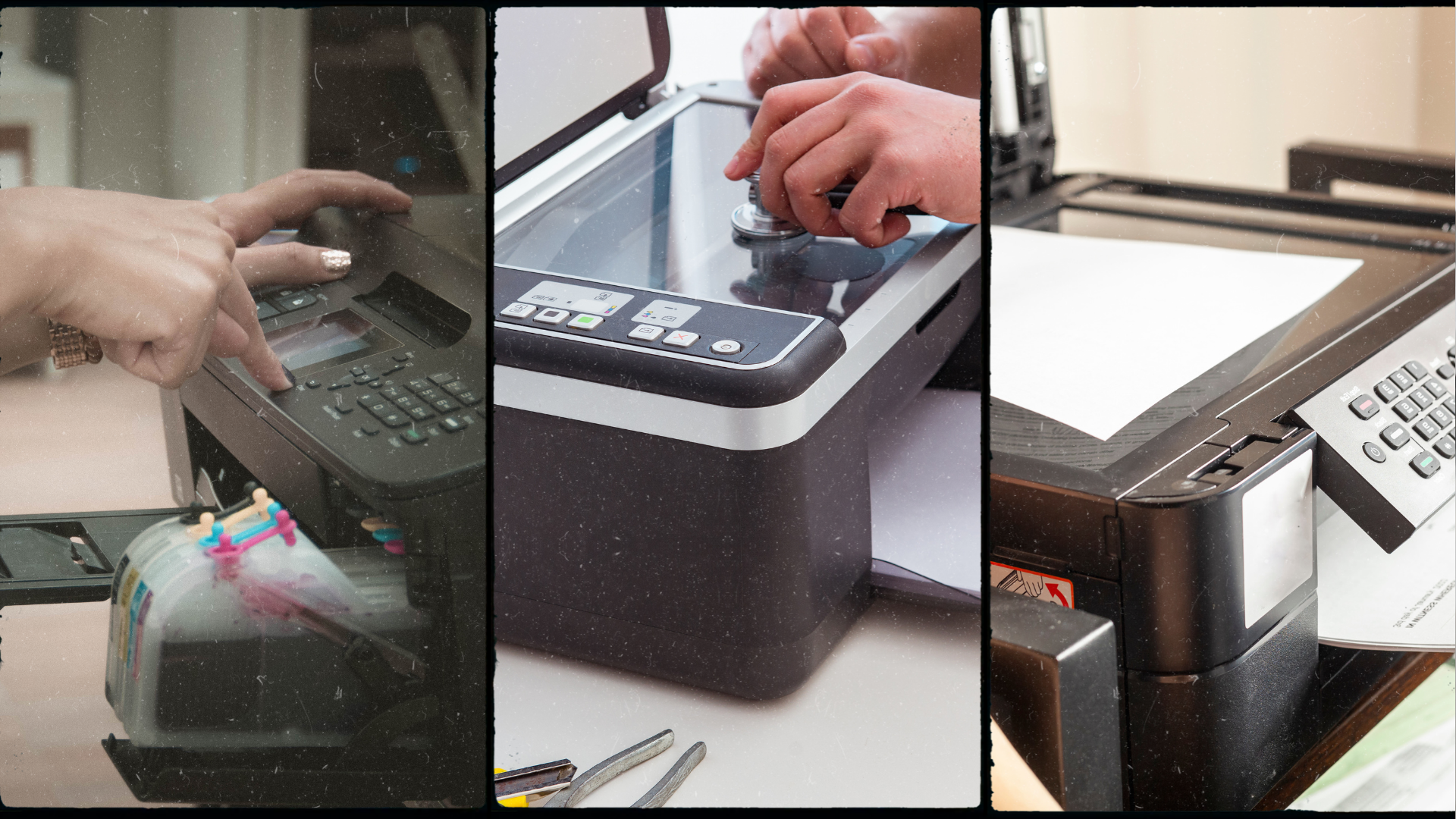 Three printer closeups: hand using control panel, person adjusting scanner, paper tray with control buttons.
